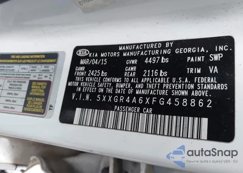 2015 Kia Optima Sxl Turbo z USA, uszkodzony, nr VIN 5XXGR4A6XFG458862